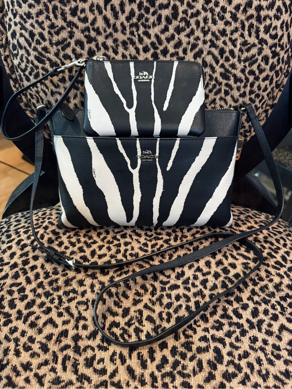 Coach Black & White Zebra-Print Crossbody with Wristlet Set